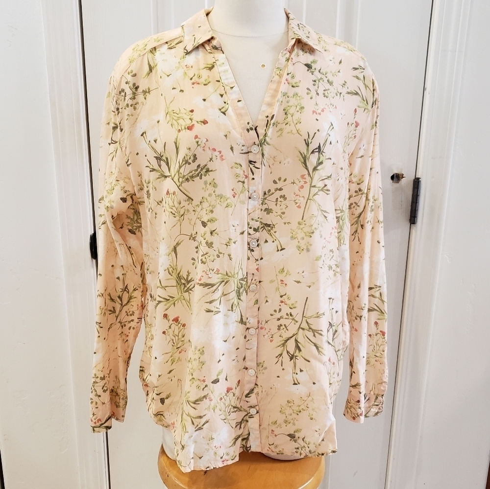 J. Jill Floral Button Down Shirt in Cream and Green